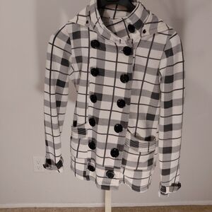 Women’s Black & White Plaid Double-Breasted Pea Coat with Hood